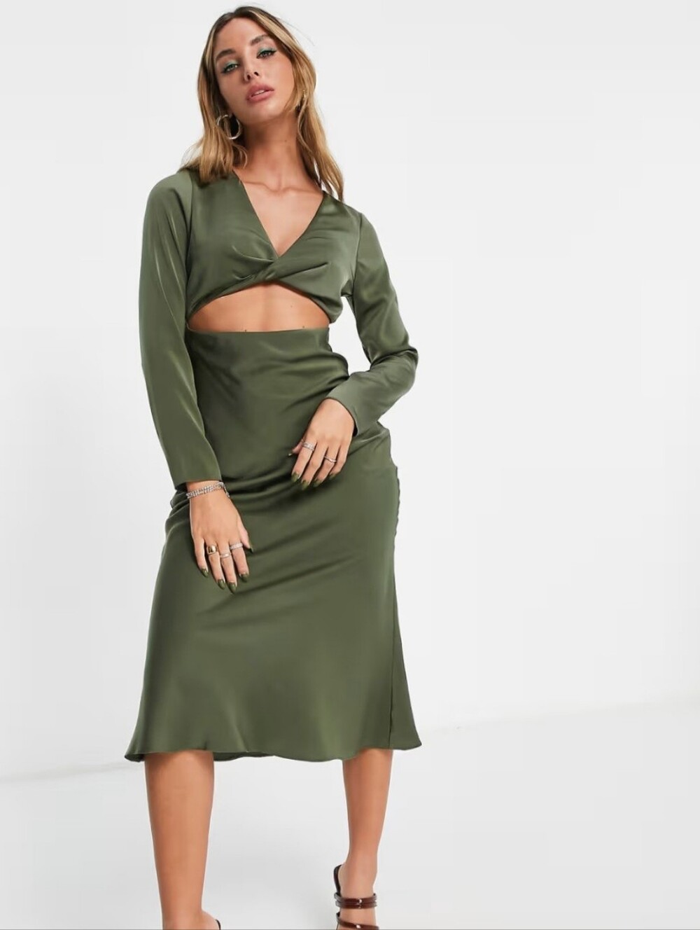 ASOS Design Satin Twist Cutout Midi Dress Olive Green Size 12